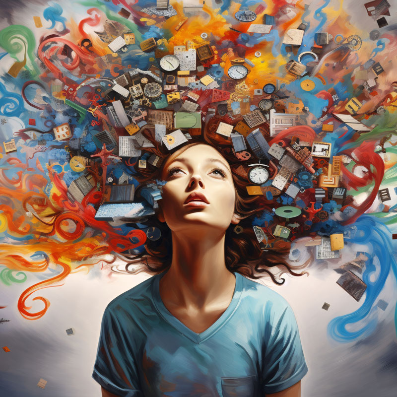 AdobeStock_703312980 Image of A woman surrounded by chaotic thoughts, intrusive thoughts, or overthinking, depicting the concept of neurodiversity, ADHD or Autism